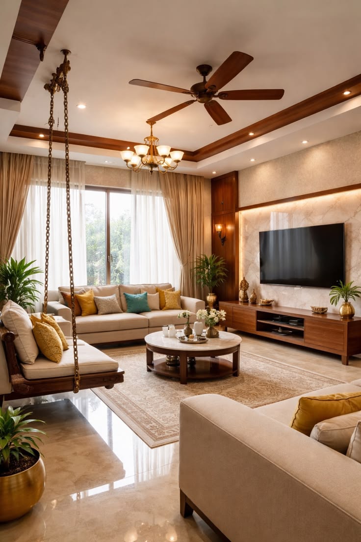 a serene indian living room that blends modern…