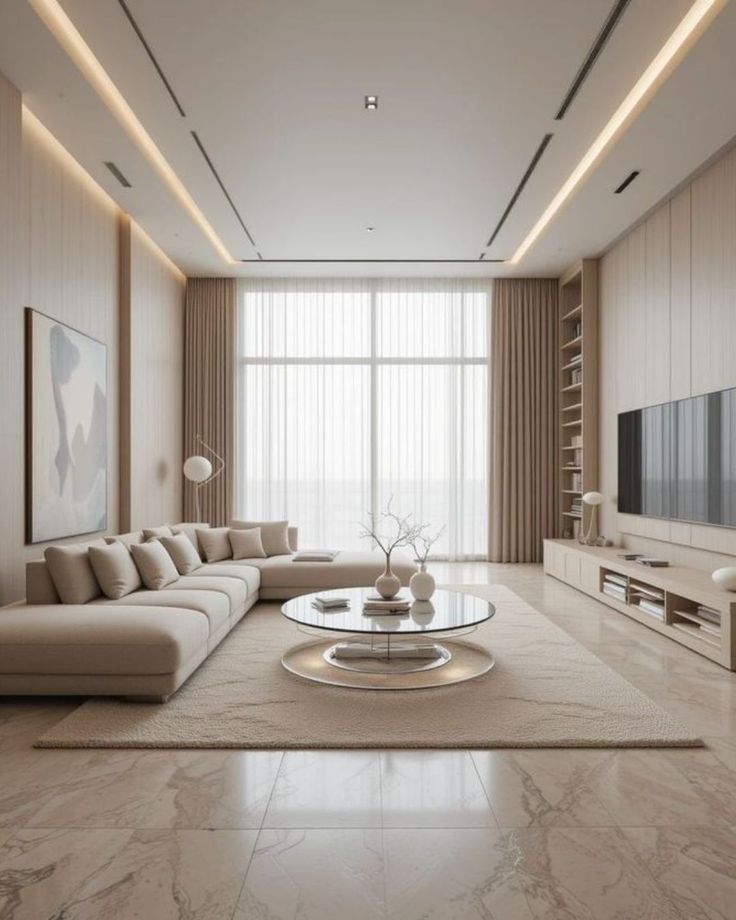 a serene living room designed in soft neutral…